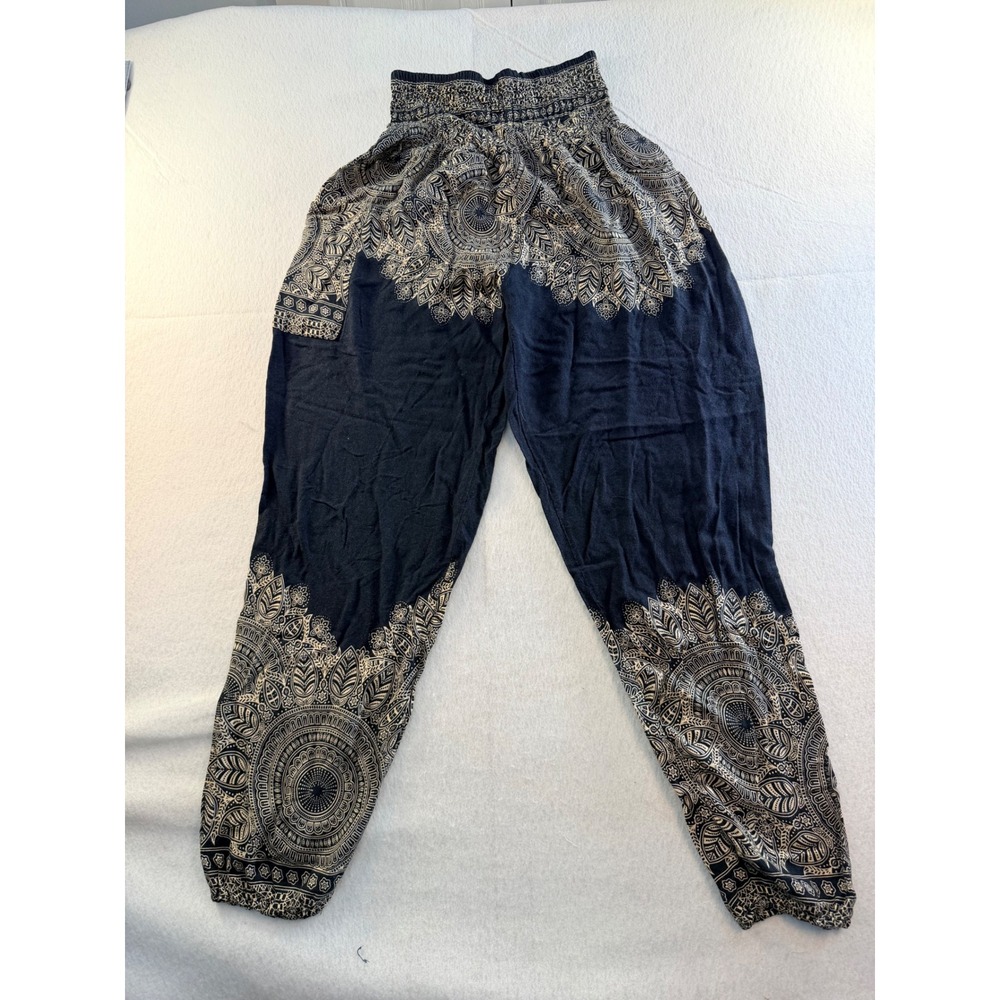 Love & Legend Navy Blue Mandala Print Smocked Waist Harem Pant S/M Bohemian Yoga